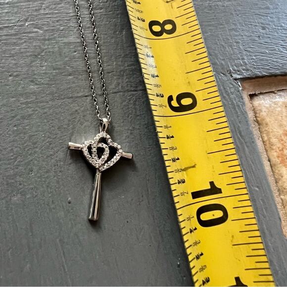925 Sterling Silver CZ Double Hearts Cross Necklace - Picture 5 of 6